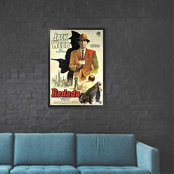 «Film Noir Poster - Dragnet» в интерьере в стиле лофт с черной кирпичной стеной