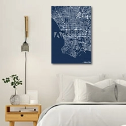 «План города Лос-Анджелес, США» в интерьере белой спальни в скандинавском стиле