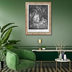 «The pleasures of summer, engraved by Francois Joullain» в интерьере гостиной в зеленых тонах
