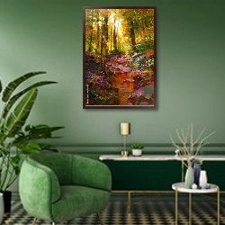 «Солнечный день в лесу» в интерьере гостиной в зеленых тонах