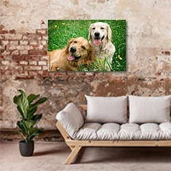 «Две дружные собаки» в интерьере гостиной в стиле лофт над диваном