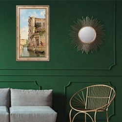«Venice, Rio San Trovaso» в интерьере классической гостиной с зеленой стеной над диваном