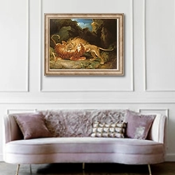 «Fight between a Lion and a Tiger, 1797» в интерьере гостиной в классическом стиле над диваном