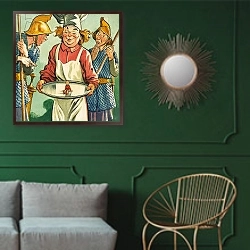 «The Story of Tom Thumb 30» в интерьере классической гостиной с зеленой стеной над диваном