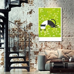 «Кошка на траве» в интерьере двухярусной гостиной в стиле лофт с кирпичной стеной