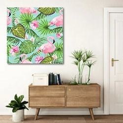 «Тропические листья, экзотические цветы и розовые фламинго» в интерьере современной прихожей над тумбой