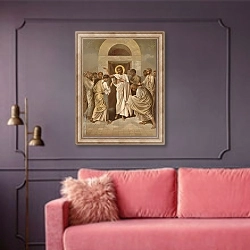 «Неверие апостола Томаса» в интерьере гостиной с розовым диваном