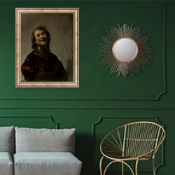 «Rembrandt Laughing, c. 1628» в интерьере классической гостиной с зеленой стеной над диваном