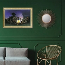 «Ночь на Ивана-Купалу» в интерьере классической гостиной с зеленой стеной над диваном