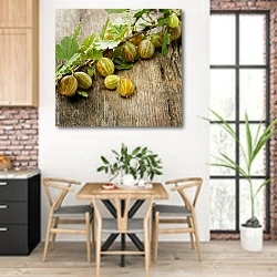 «Зелёный крыжовник на деревянном столе» в интерьере кухни с кирпичными стенами над столом