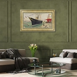 «Яхта Штандарт на причале в Дюнкерке» в интерьере гостиной в оливковых тонах