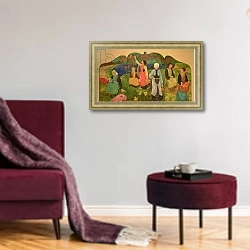 «The Pont Aven Triptych, 1892-93» в интерьере гостиной в бордовых тонах