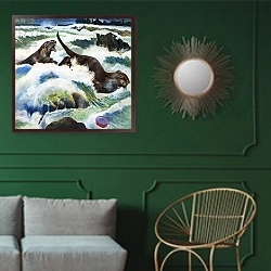 «Watchers of the Sea, 1966» в интерьере классической гостиной с зеленой стеной над диваном