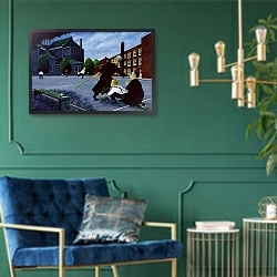 «To The Glory of God» в интерьере зеленой гостиной над диваном