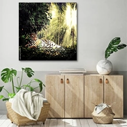 «Индийский тигр в джунглях» в интерьере современной комнаты над комодом