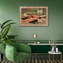 «Dolce Far Niente, 1904» в интерьере гостиной в зеленых тонах