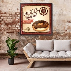 «Ретро плакат с шоколадным пончиком» в интерьере гостиной в стиле лофт над диваном