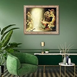 «The Ghost of Clytemnestra Awakening the Furies, 1781» в интерьере гостиной в зеленых тонах