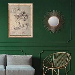 «The Fall of Phaethon, 1533» в интерьере классической гостиной с зеленой стеной над диваном