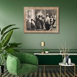«Christ with the Elders, from Michael Faraday's scrapbook» в интерьере гостиной в зеленых тонах