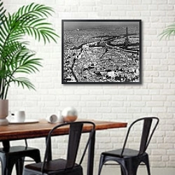 «История в черно-белых фото 280» в интерьере столовой в скандинавском стиле с кирпичной стеной