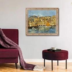 «Menton Harbour,» в интерьере гостиной в бордовых тонах