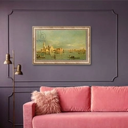 «A View of San Giorgio Maggiore» в интерьере гостиной с розовым диваном