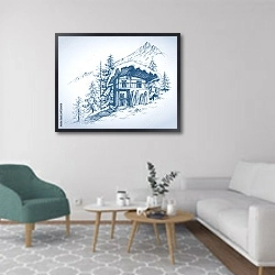 «Заснеженный домик на горном курорте» в интерьере гостиной в скандинавском стиле с зеленым креслом