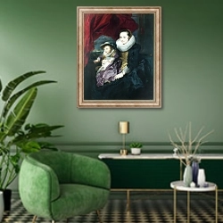 «Портрет женщины с ребенком» в интерьере гостиной в зеленых тонах