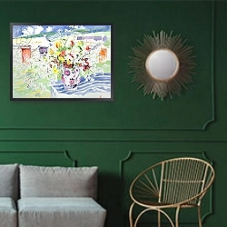 «Spring Flowers on the Island» в интерьере классической гостиной с зеленой стеной над диваном
