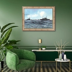«The Indiana and New York Flanked and Guarded by Torpedo-Boats and Cruisers» в интерьере гостиной в зеленых тонах