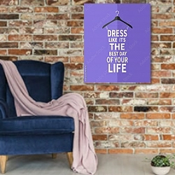 «Короткое женское платье из надписей» в интерьере в стиле лофт с кирпичной стеной и синим креслом