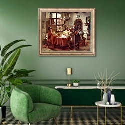 «Рассказы путешественников» в интерьере гостиной в зеленых тонах