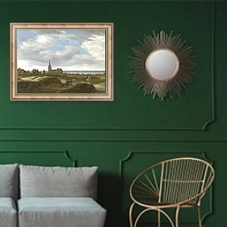 «Вид деревушки» в интерьере классической гостиной с зеленой стеной над диваном