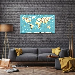 «Детская карта мира с животными №2» в интерьере в стиле лофт над диваном