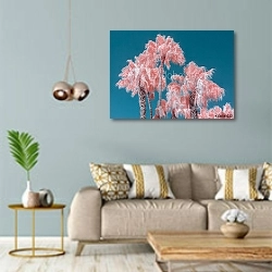 «Розовые пальмы и голубое небо» в интерьере современной гостиной с голубыми стенами