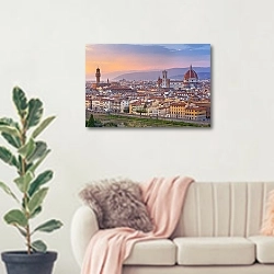 «Италия. Вечерняя панорама Флоренции» в интерьере современной светлой гостиной над диваном