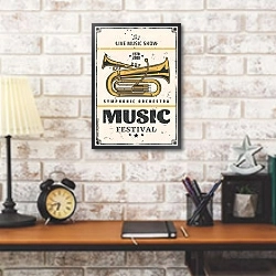 «Ретро плакат музыкального фестиваля симфонического оркестра» в интерьере кабинета в стиле лофт над столом