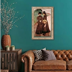 «The Family on the Road c.1903» в интерьере гостиной с зеленой стеной над диваном