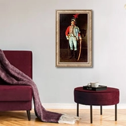 «Don Pantaleon Perez de Nenin, 1808» в интерьере гостиной в бордовых тонах