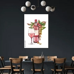 «Акварельная бутылка розового вина со стаканом и гроздью винограда» в интерьере столовой с черными стенами