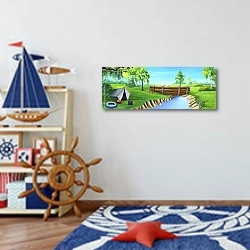 «Кемпинг возле реки» в интерьере детской комнаты для мальчика в морской тематике
