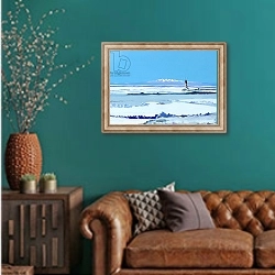 «drift ice ship» в интерьере гостиной с зеленой стеной над диваном