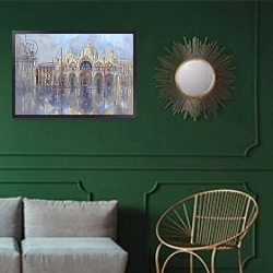 «St. Mark's, Venice» в интерьере классической гостиной с зеленой стеной над диваном