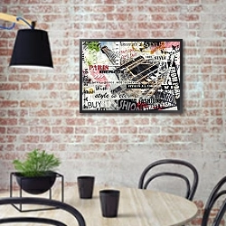 «Винтажная иллюстрация с Эйфелевой башней» в интерьере кухни в стиле лофт с кирпичной стеной