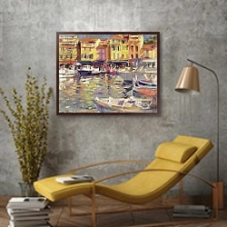 «Harbour at Cassis» в интерьере в стиле лофт с желтым креслом