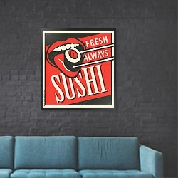 «Ретро реклама для суши» в интерьере в стиле лофт с черной кирпичной стеной