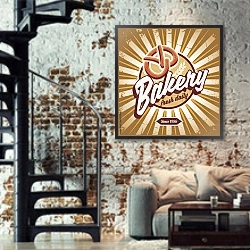 «Ретро-реклама хлебопекарни с крендельком» в интерьере двухярусной гостиной в стиле лофт с кирпичной стеной