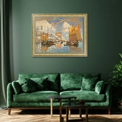 «The Doge's Palace, Venice» в интерьере зеленой гостиной над диваном