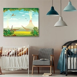 «Доисторический пейзаж с вулканами и динозаврами» в интерьере детской комнаты для мальчика